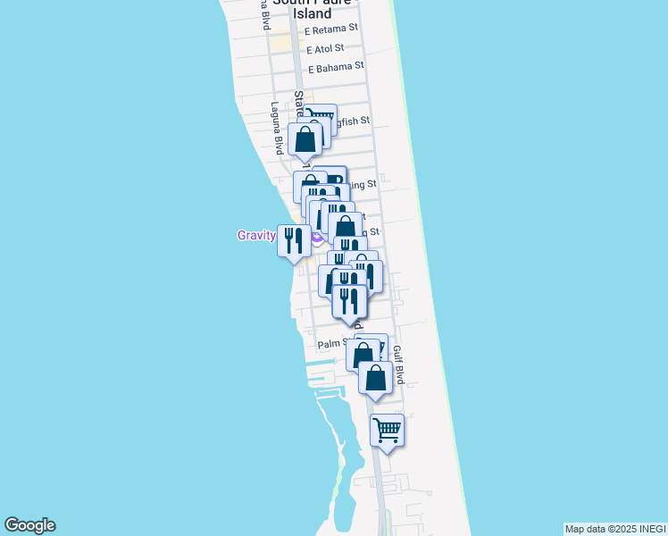 map of restaurants, bars, coffee shops, grocery stores, and more near 2111 Padre Boulevard in South Padre Island