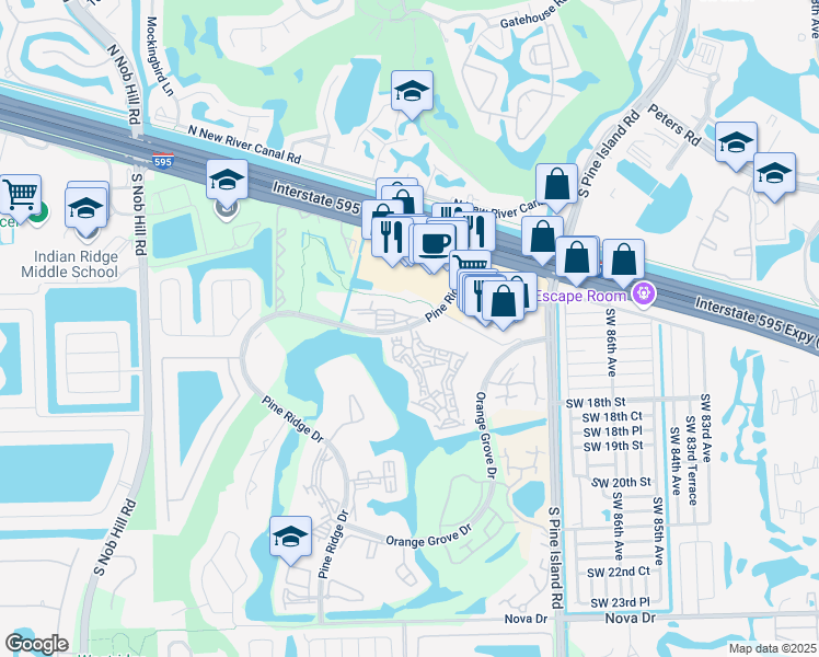 map of restaurants, bars, coffee shops, grocery stores, and more near 1715 White Hall Drive in Davie