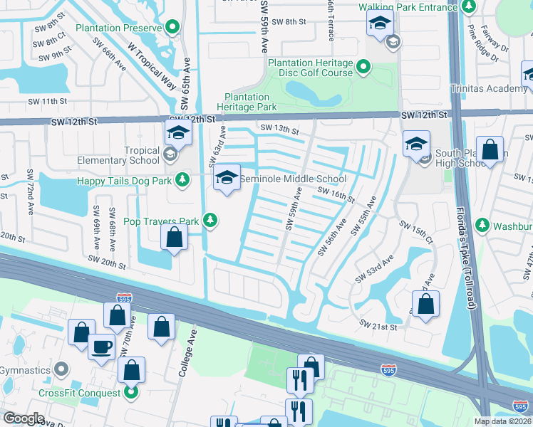 map of restaurants, bars, coffee shops, grocery stores, and more near 5921 Southwest 17th Court in Plantation