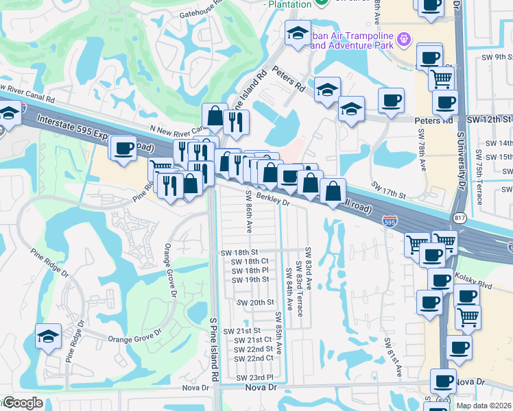 map of restaurants, bars, coffee shops, grocery stores, and more near 8581 Southwest 16th Court in Davie