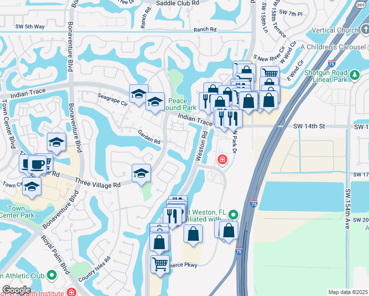 map of restaurants, bars, coffee shops, grocery stores, and more near 1530 Springside Terrace in Weston