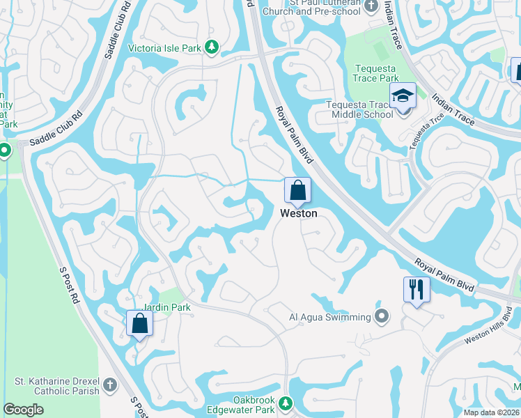 map of restaurants, bars, coffee shops, grocery stores, and more near 2517 Golf View Drive in Weston
