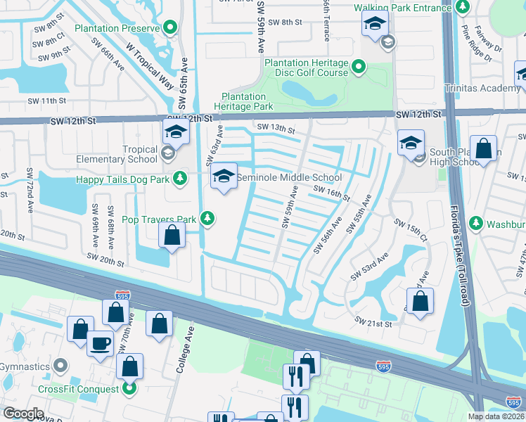 map of restaurants, bars, coffee shops, grocery stores, and more near 5921 Southwest 17th Court in Plantation