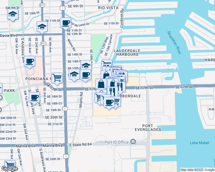 map of restaurants, bars, coffee shops, grocery stores, and more near 1304 Southeast 17th Street in Fort Lauderdale