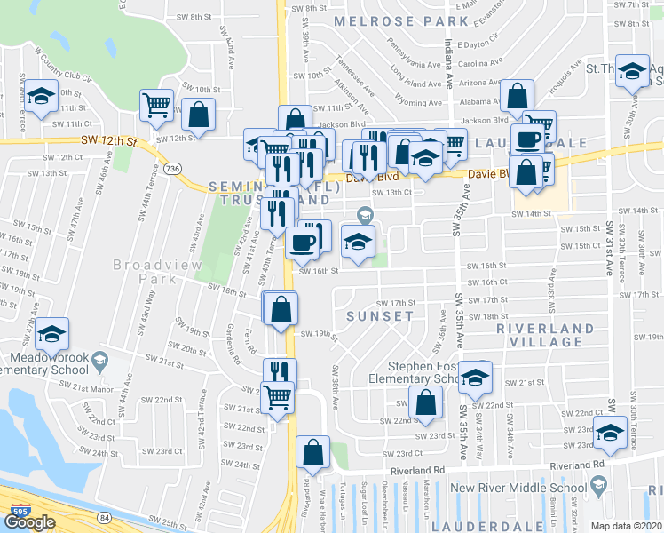map of restaurants, bars, coffee shops, grocery stores, and more near 3785 Southwest 16th Court in Fort Lauderdale