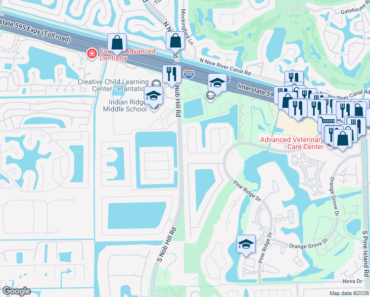 map of restaurants, bars, coffee shops, grocery stores, and more near 9931 North Oak Knoll Circle in Davie