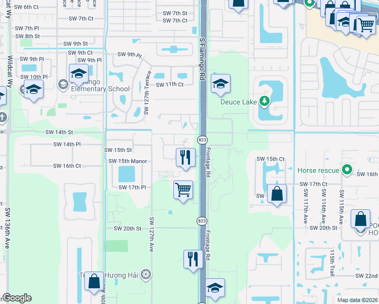 map of restaurants, bars, coffee shops, grocery stores, and more near 1500 Southwest 125th Avenue in Davie