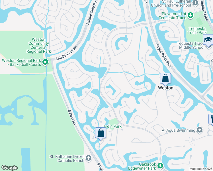 map of restaurants, bars, coffee shops, grocery stores, and more near 2540 Montclaire Court in Weston