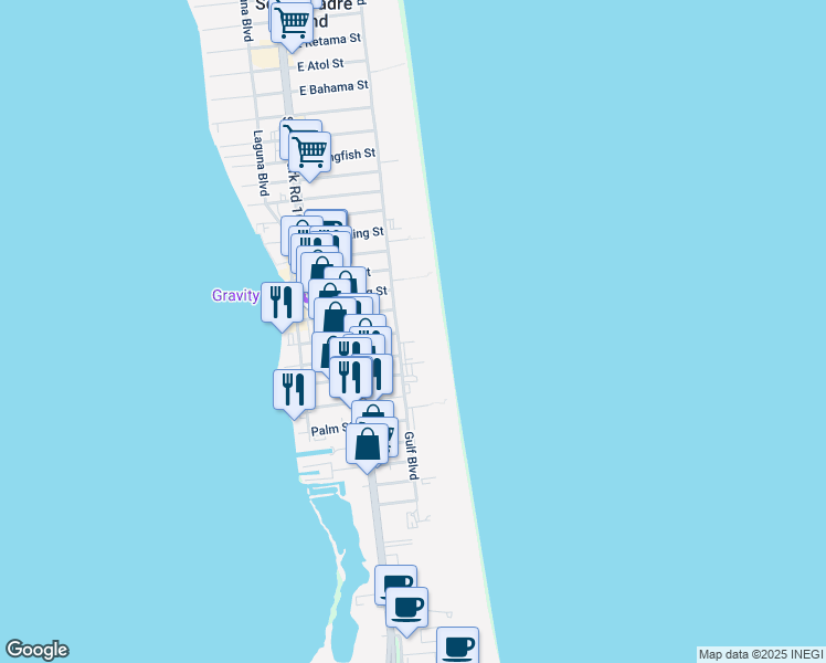 map of restaurants, bars, coffee shops, grocery stores, and more near 2100 Gulf Boulevard in South Padre Island