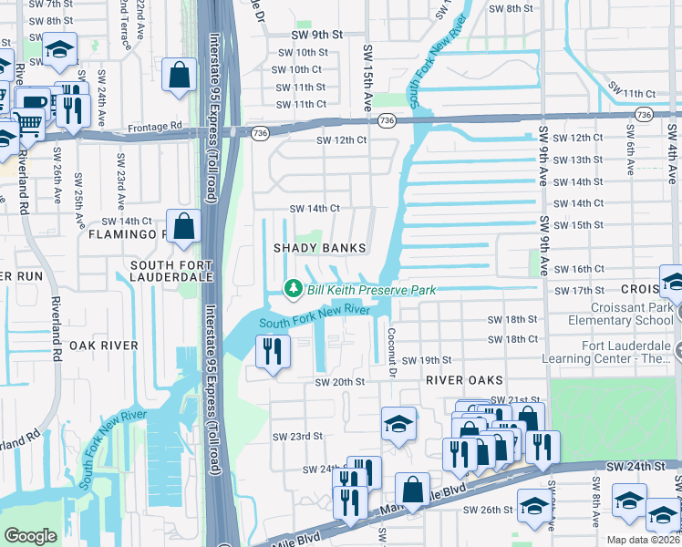 map of restaurants, bars, coffee shops, grocery stores, and more near 1603 Southwest 17th Street in Fort Lauderdale