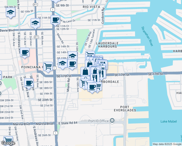 map of restaurants, bars, coffee shops, grocery stores, and more near 1301 Southeast 17th Street in Fort Lauderdale