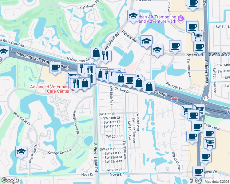 map of restaurants, bars, coffee shops, grocery stores, and more near 8581 Southwest 16th Court in Davie