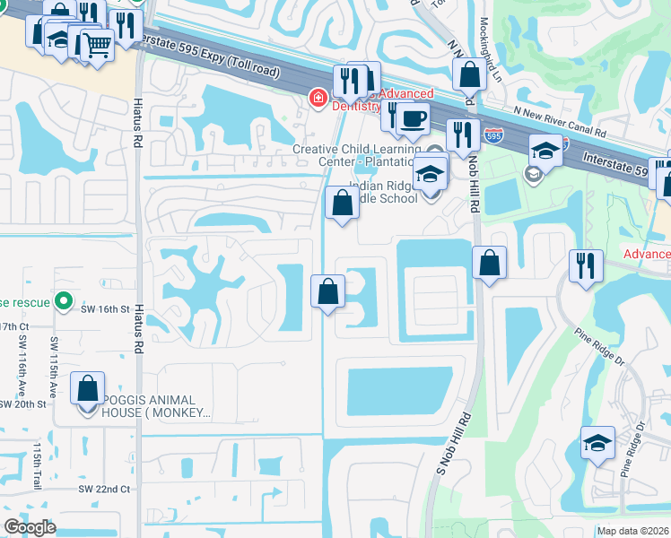 map of restaurants, bars, coffee shops, grocery stores, and more near 1661 Southwest 105th Lane in Davie