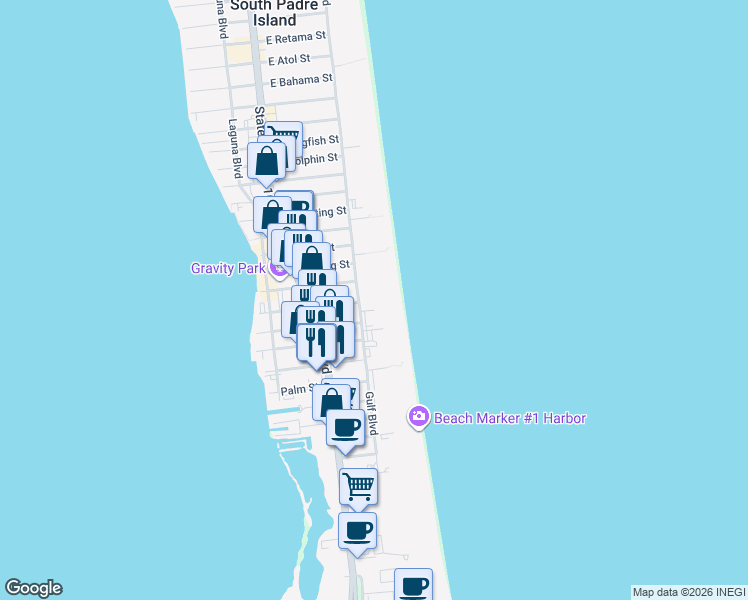 map of restaurants, bars, coffee shops, grocery stores, and more near 2216 Gulf Boulevard in South Padre Island