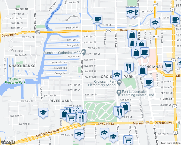 map of restaurants, bars, coffee shops, grocery stores, and more near 812 Southwest 16th Court in Fort Lauderdale