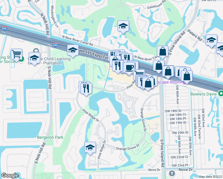 map of restaurants, bars, coffee shops, grocery stores, and more near 1510 White Hall Drive in Davie