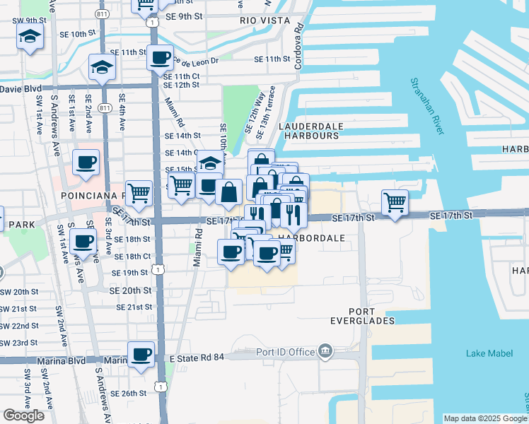 map of restaurants, bars, coffee shops, grocery stores, and more near 1301 Southeast 17th Street in Fort Lauderdale