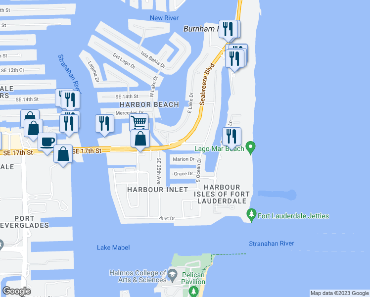 map of restaurants, bars, coffee shops, grocery stores, and more near 2700 Mayan Drive in Fort Lauderdale