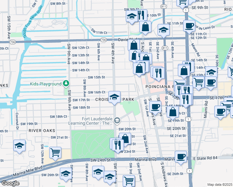 map of restaurants, bars, coffee shops, grocery stores, and more near 1612 Southwest 4th Avenue in Fort Lauderdale