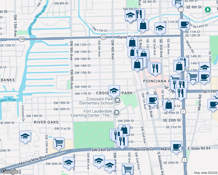 map of restaurants, bars, coffee shops, grocery stores, and more near 420 Southwest 16th Street in Fort Lauderdale