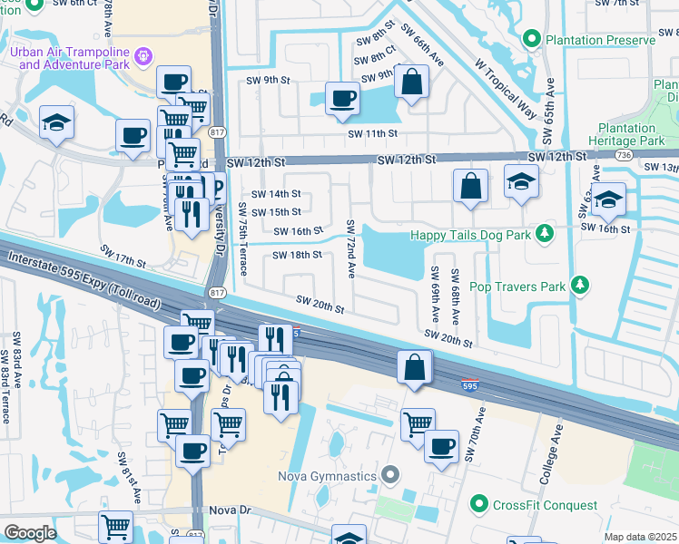 map of restaurants, bars, coffee shops, grocery stores, and more near 1701 Southwest 72nd Avenue in Plantation