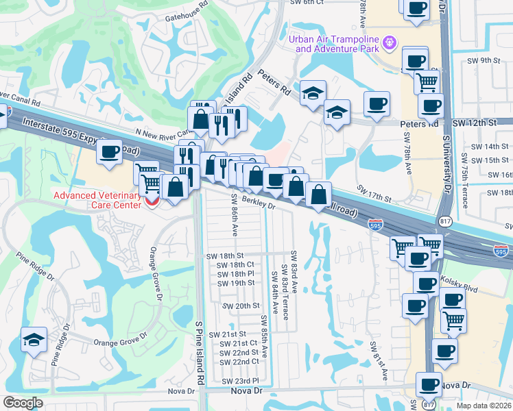 map of restaurants, bars, coffee shops, grocery stores, and more near 8464 Florida 84 in Davie