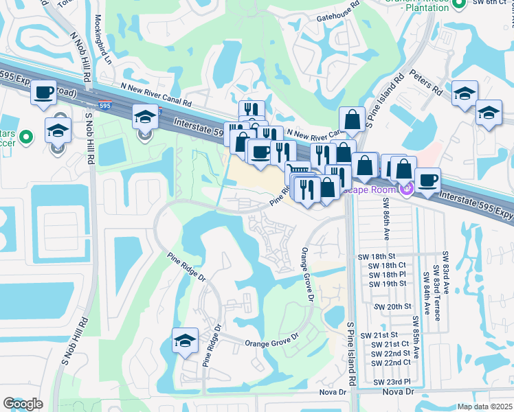 map of restaurants, bars, coffee shops, grocery stores, and more near 9470 Tangerine Place in Davie