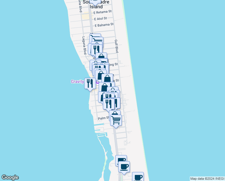 map of restaurants, bars, coffee shops, grocery stores, and more near 112 East Marlin Street in South Padre Island