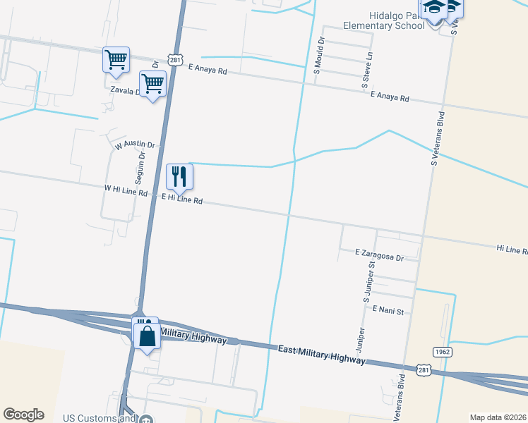 map of restaurants, bars, coffee shops, grocery stores, and more near 622 East Hi Line Road in Pharr