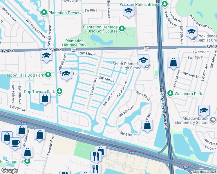 map of restaurants, bars, coffee shops, grocery stores, and more near Southwest 16th Court in Plantation