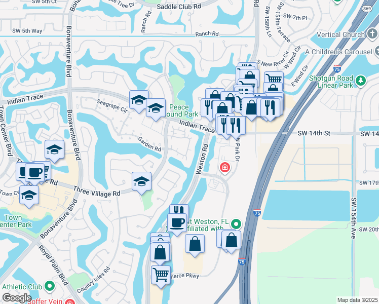 map of restaurants, bars, coffee shops, grocery stores, and more near 1477 Springside Drive in Weston