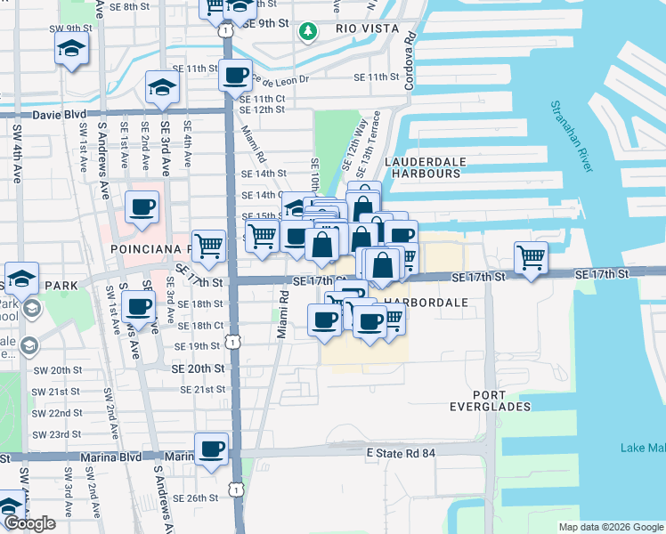 map of restaurants, bars, coffee shops, grocery stores, and more near 1625 Cordova Road in Fort Lauderdale
