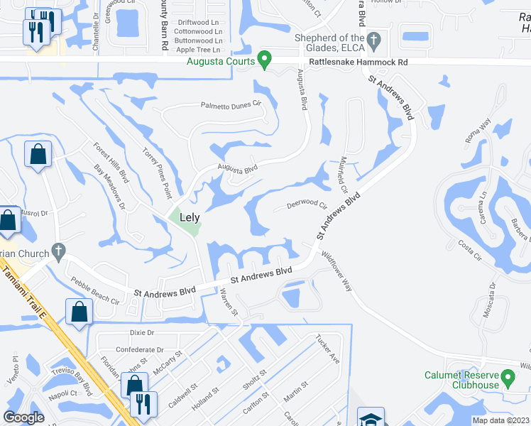 map of restaurants, bars, coffee shops, grocery stores, and more near 267 Deerwood Circle in Naples