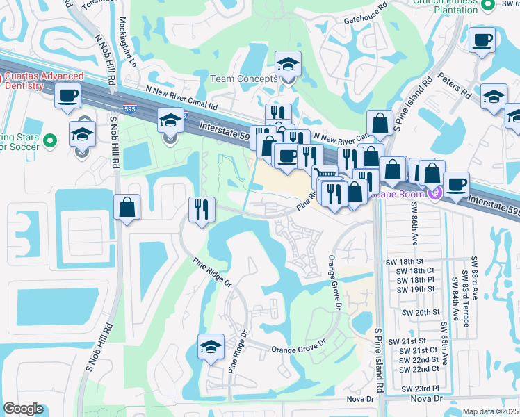 map of restaurants, bars, coffee shops, grocery stores, and more near 9460 Tangerine Place in Davie