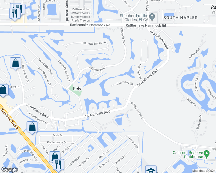 map of restaurants, bars, coffee shops, grocery stores, and more near 265 Deerwood Circle in Naples