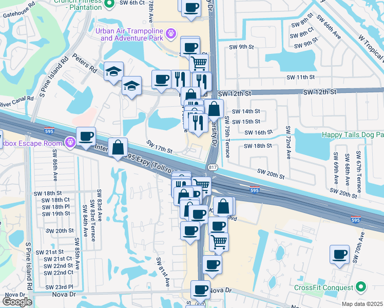 map of restaurants, bars, coffee shops, grocery stores, and more near 1700 Southwest 78th Avenue in Plantation