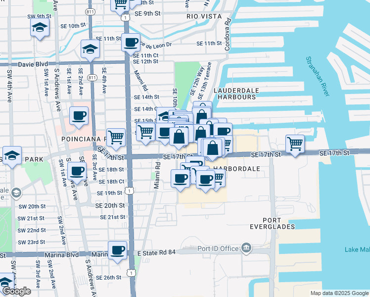 map of restaurants, bars, coffee shops, grocery stores, and more near 1625 Cordova Road in Fort Lauderdale