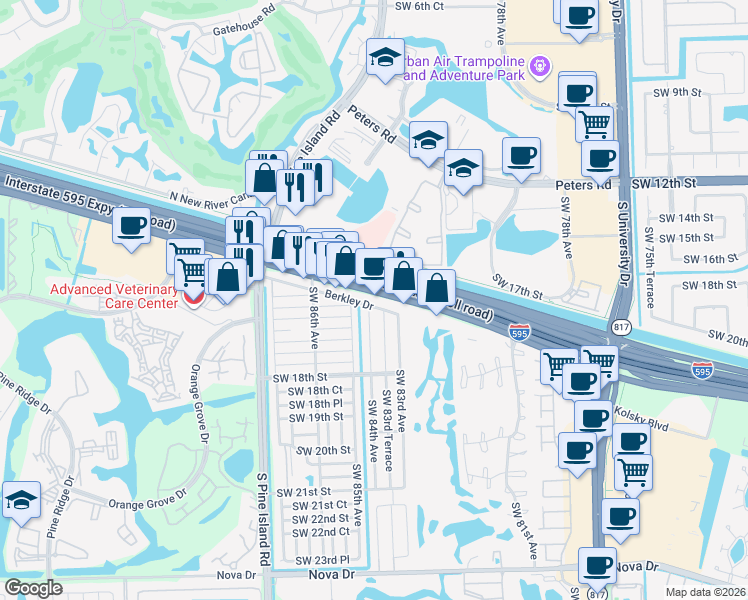 map of restaurants, bars, coffee shops, grocery stores, and more near 8464 Florida 84 in Davie