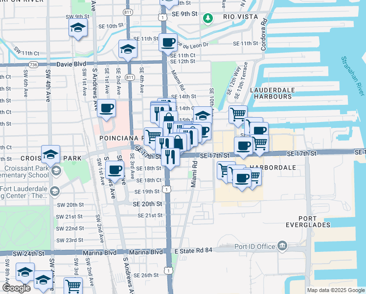 map of restaurants, bars, coffee shops, grocery stores, and more near 721 Southeast 16th Court in Fort Lauderdale