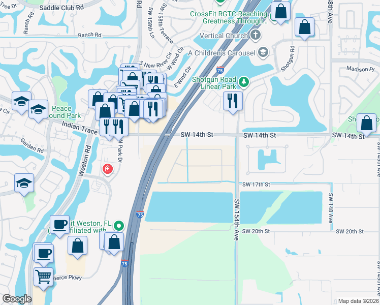map of restaurants, bars, coffee shops, grocery stores, and more near 15751 Southwest 15th Street in Weston