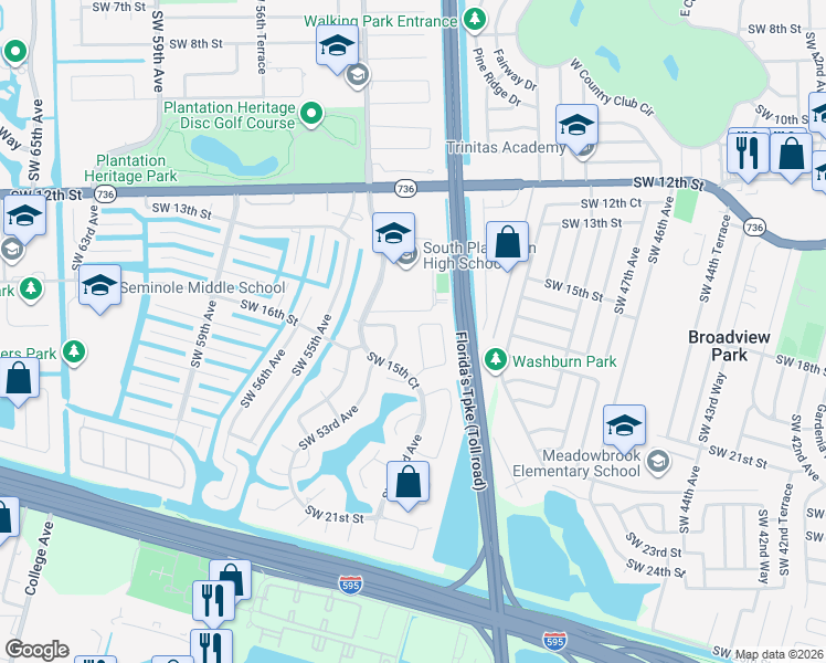 map of restaurants, bars, coffee shops, grocery stores, and more near 1401 Southwest 52nd Way in Plantation
