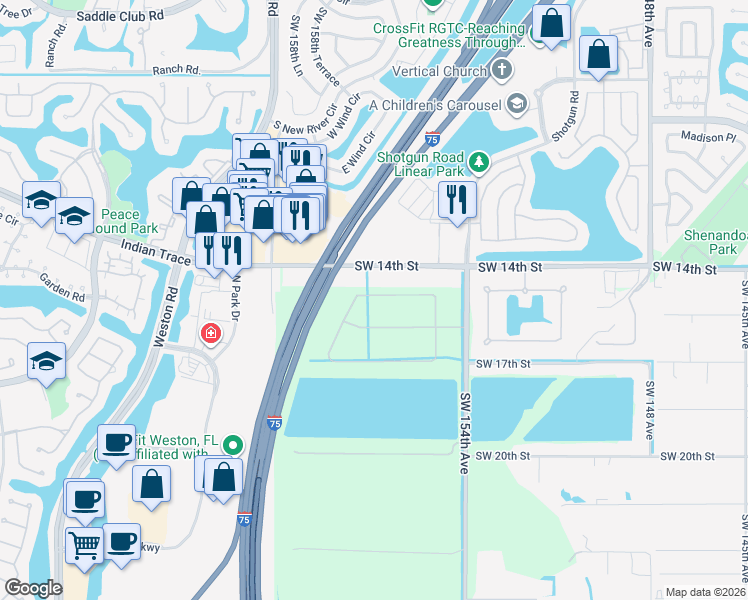 map of restaurants, bars, coffee shops, grocery stores, and more near 15751 Southwest 15th Street in Weston