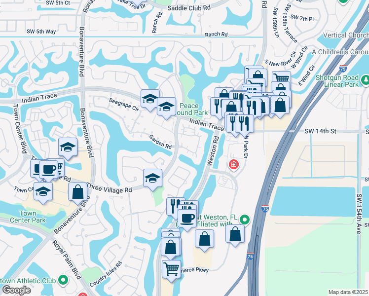 map of restaurants, bars, coffee shops, grocery stores, and more near 1595 Springside Drive in Weston