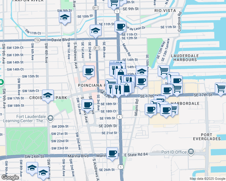 map of restaurants, bars, coffee shops, grocery stores, and more near 410 Southeast 16th Court in Fort Lauderdale