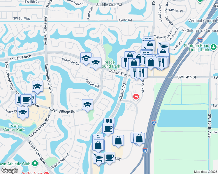 map of restaurants, bars, coffee shops, grocery stores, and more near 1477 Springside Drive in Weston