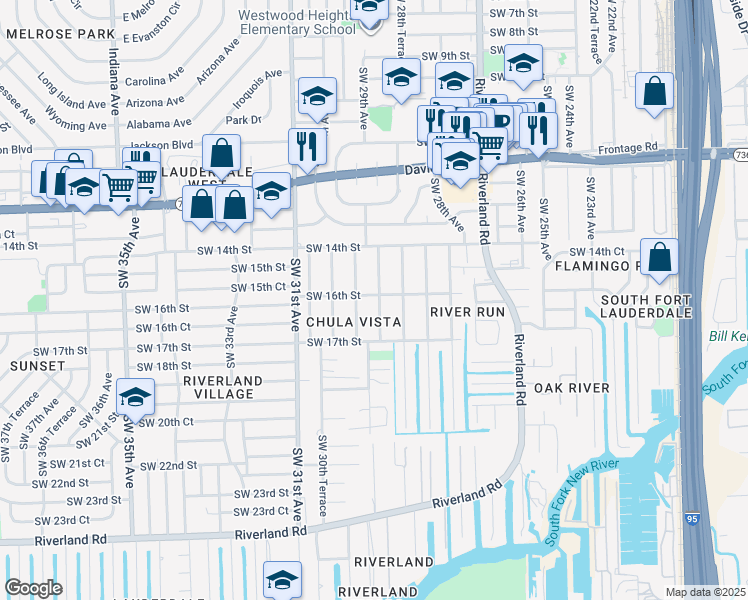 map of restaurants, bars, coffee shops, grocery stores, and more near 2921 Southwest 16th Street in Fort Lauderdale