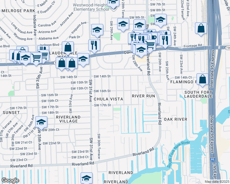 map of restaurants, bars, coffee shops, grocery stores, and more near 2921 Southwest 16th Street in Fort Lauderdale