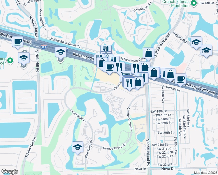 map of restaurants, bars, coffee shops, grocery stores, and more near 9470 Tangerine Place in Davie