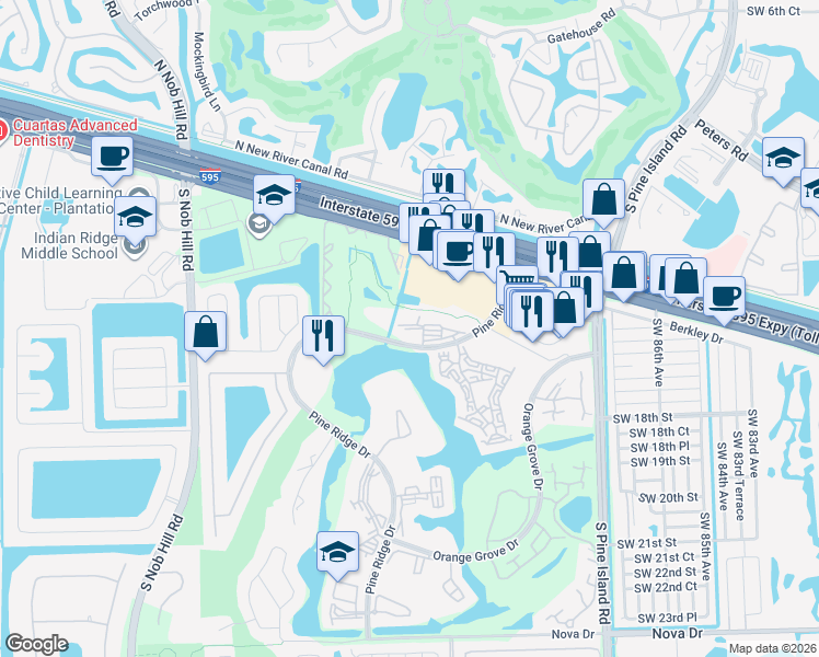 map of restaurants, bars, coffee shops, grocery stores, and more near 9460 Tangerine Place in Davie