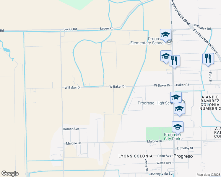 map of restaurants, bars, coffee shops, grocery stores, and more near 1007 West Baker Drive in Weslaco